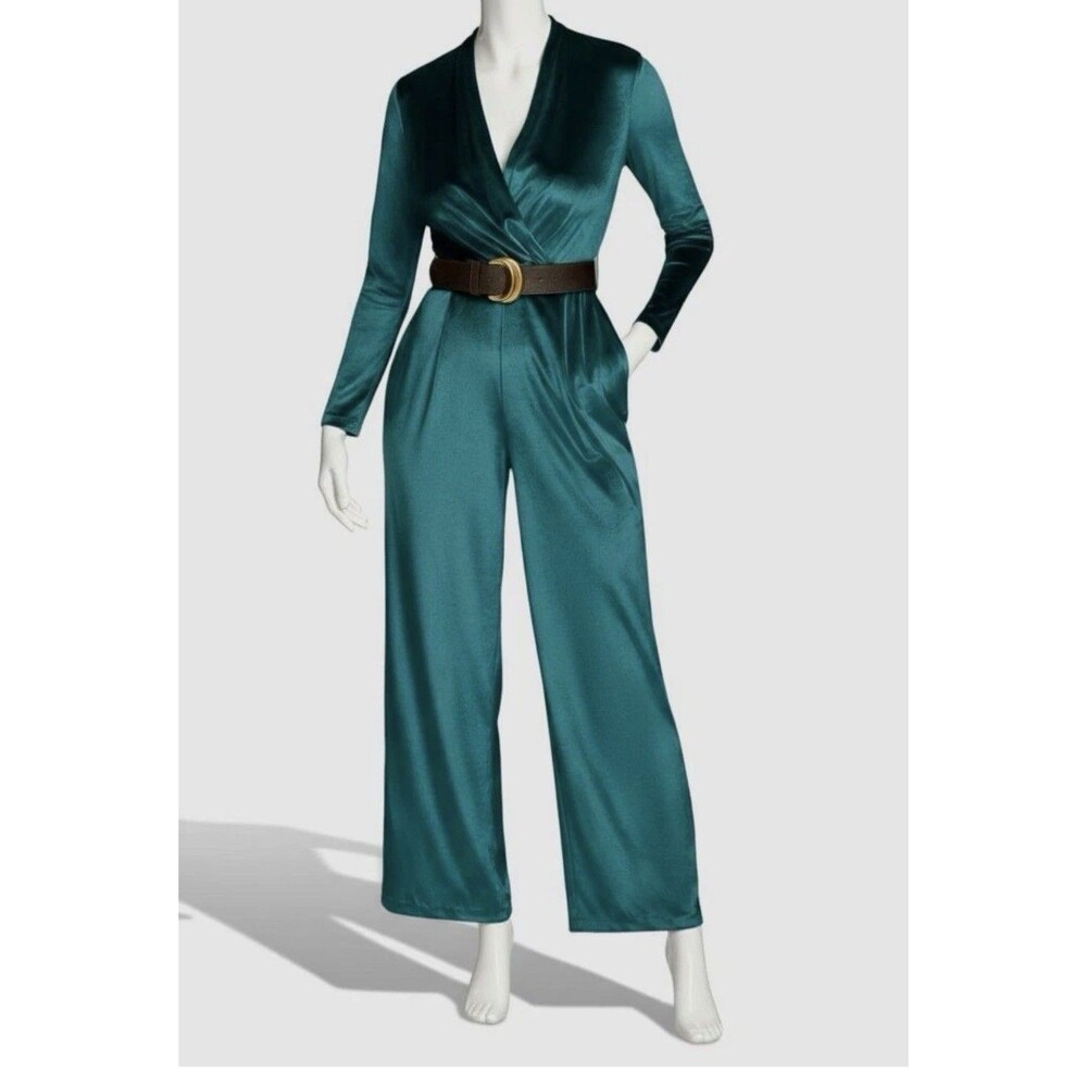 Donna Karan New York Women's Green Belted Velvet Jumpsuit Size 16